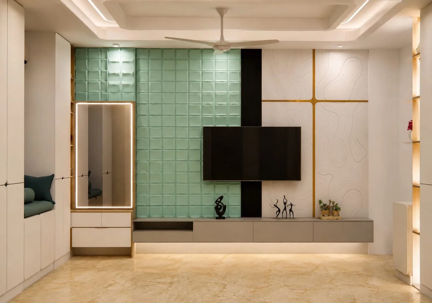 Project 21 DR wall with textured green panels, a lit mirror and brass detailing